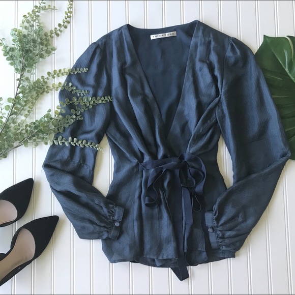 Trina Turk Tops - Trina Turk silk wrap blouse blue ribbon top